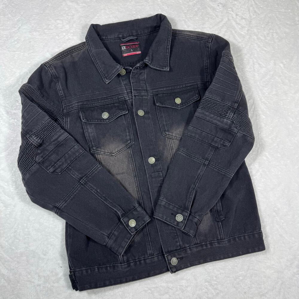 LR Scoop Black Denim Jacket Faded Men's Large Retro Textured Cotton Blend Y2K